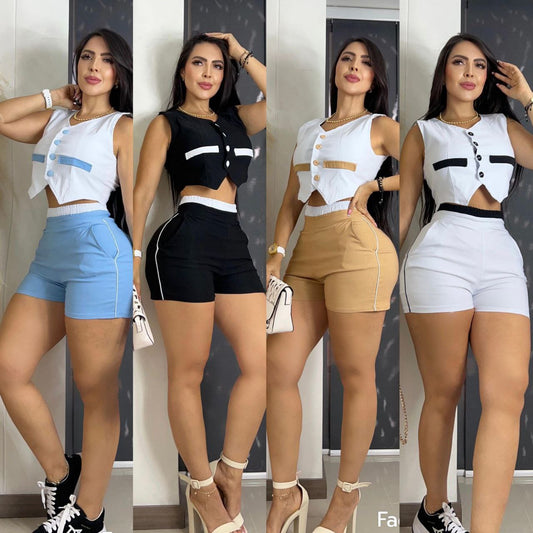 Conjunto femenino de short y top sin mangas en azul, negro, beige y blanco, moda casual