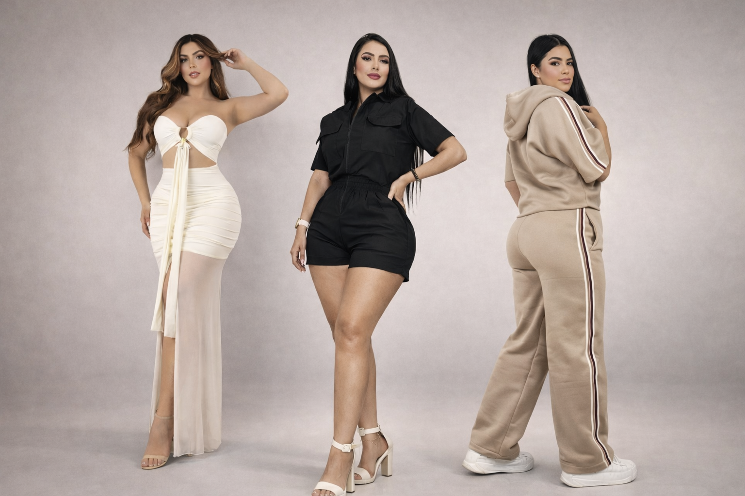 Tres mujeres luciendo vestidos elegantes y ropa casual moderna para mujer en fondo neutro.