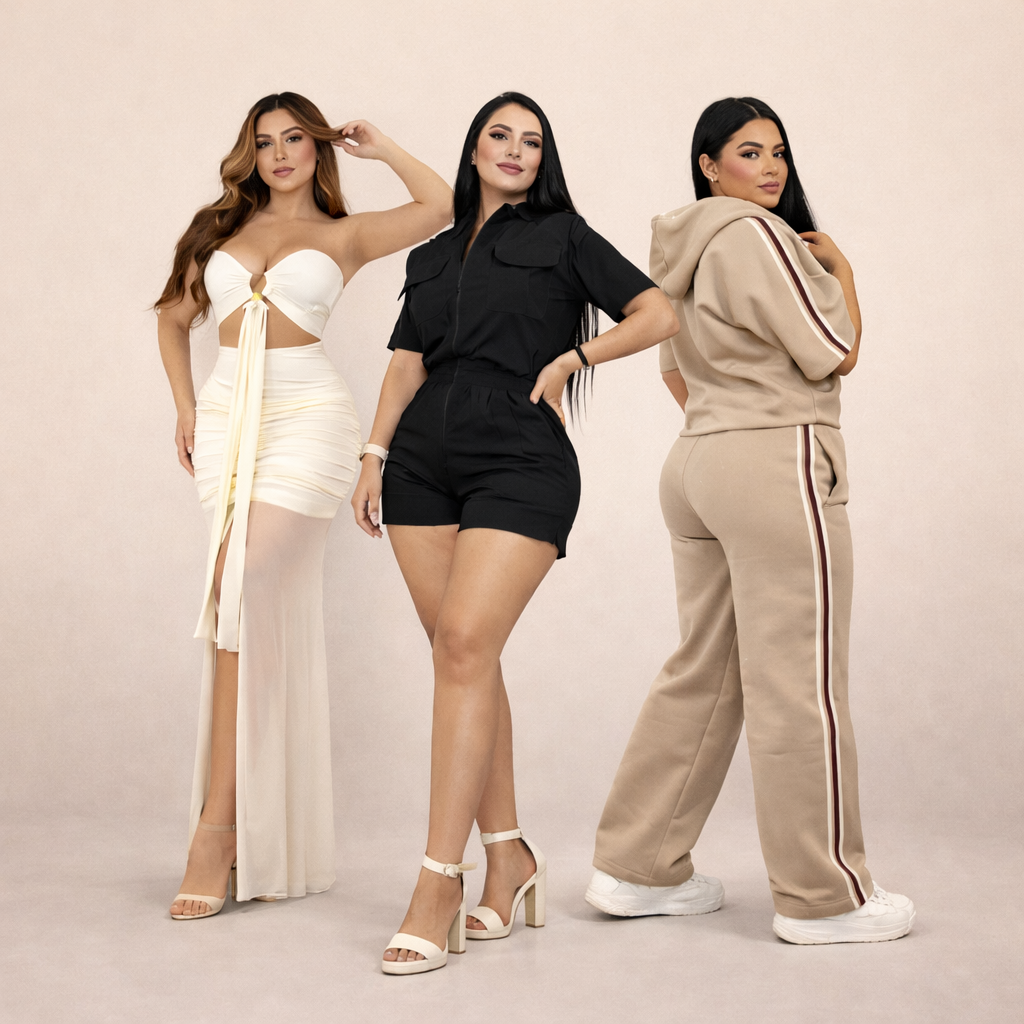 Tres mujeres posando con ropa moderna: vestido blanco, conjunto negro y conjunto beige deportivo.