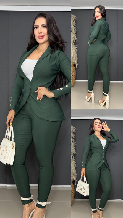Conjunto de dama elegante de tres piezas verde para mujer, blazer y pantalón ajustados