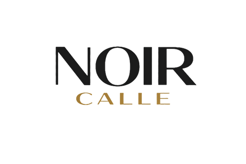 Logotipo elegante con texto NOIR en negro y CALLE en dorado sobre fondo negro